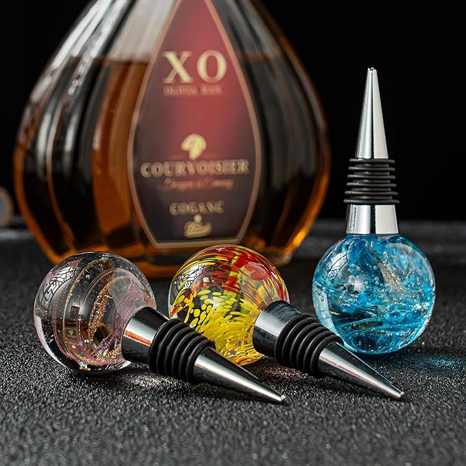 Murano Glass Wine Stopper Bottle Stopper - Wine Saver, Reusable Wine Corks for Beverage, Stainless Steel Wine Stopper For Gifts, Bar, Holiday Party, Wedding