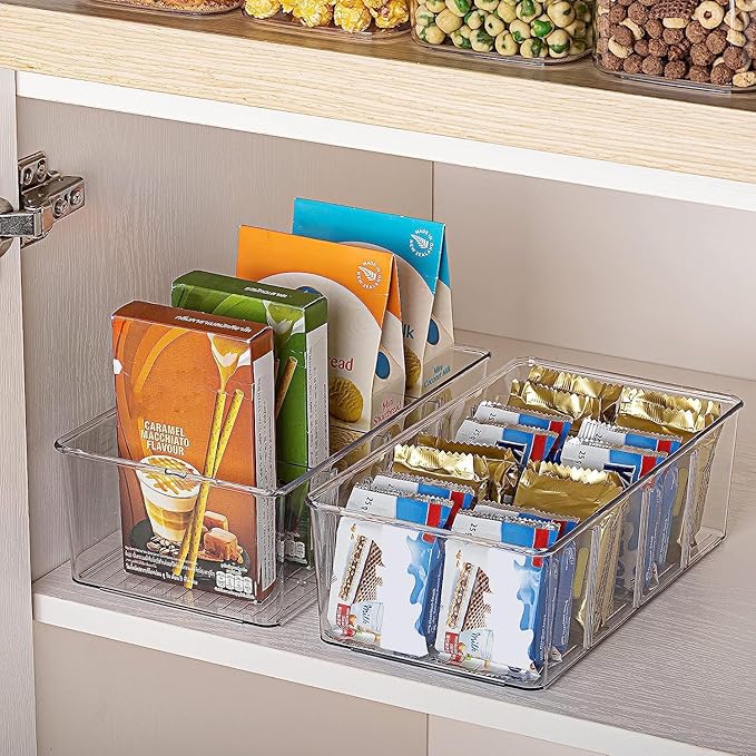 Vtopmart 10 Pack Food Storage Organizer Bins, Clear Plastic Bins for Pantry, Kitchen, Fridge, Cabinet Organization and Storage, 4 Compartment Holder Packets, Snacks, Pouches, Spice Packets