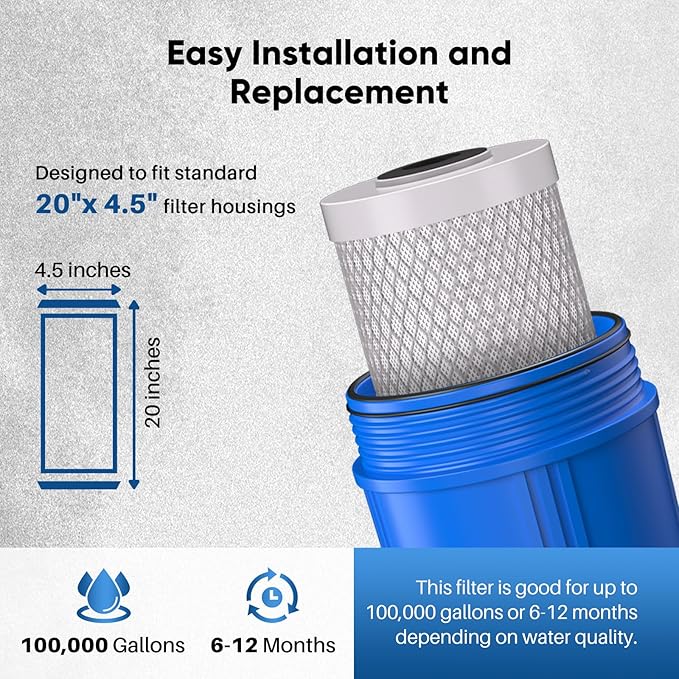PUREPLUS 5 Micron 20" x 4.5" Whole House Coconut Shell Activated Carbon Water Filter Replacement Cartridge, Compatible with EPM-20, CB-20, 155783-43, FC25B, 2 Pack