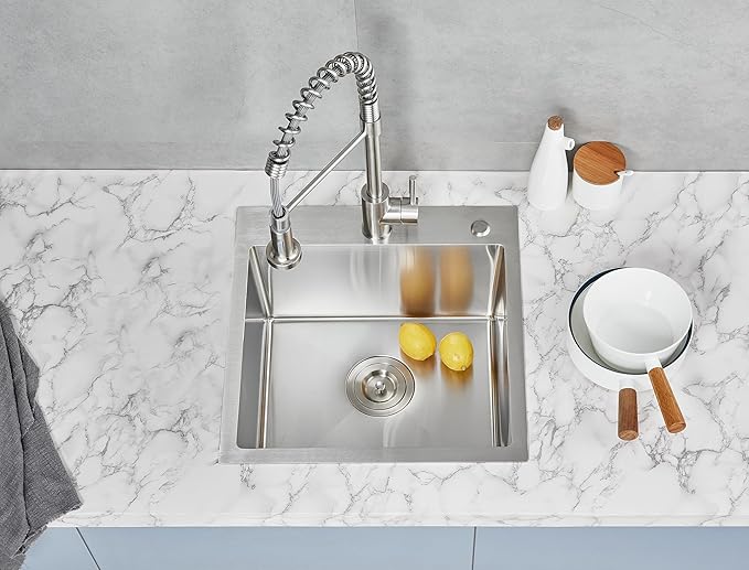 POPFLY 18 Inch Drop In Kitchen Sink, 304 Stainless Steel Top mount Handmade Single Bowl Kitchen Sink 9 Inches Deep Bar Prep Sink, Brushed Nickel（18×18×9）