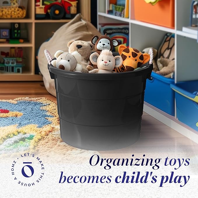 Homz 18 Gallon Plastic Multipurpose Utility Storage Bucket Tub with Strong Rope Handles for Indoor and Outdoor Use, Black, (2 Pack)