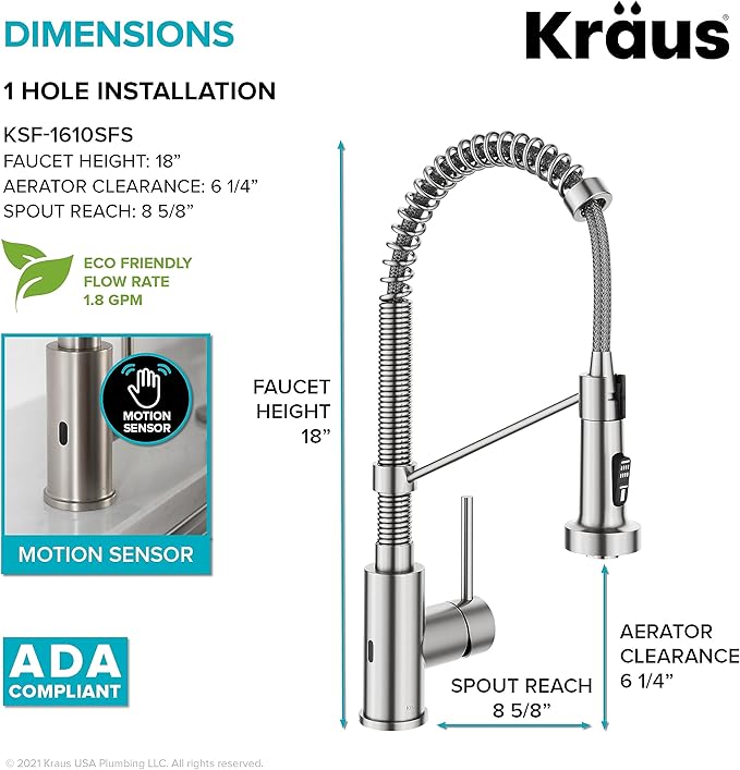 Kraus KSF-1610SFS Bolden Touchless Sensor Commercial Pull-Down Single Handle 18-Inch Kitchen Faucet, Spot Free Stainless Steel
