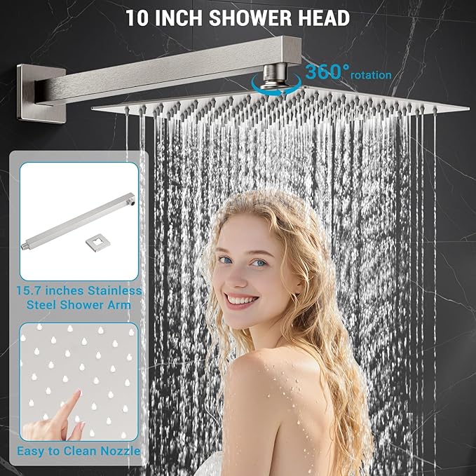 Shower Faucet Set with Shower Head, Wall Mount 10 Inch Round Rainfall Shower Head and Handle Set Single Handle Shower System Set with Female Threads Valve Body and Trim Included(Brush Nickel)