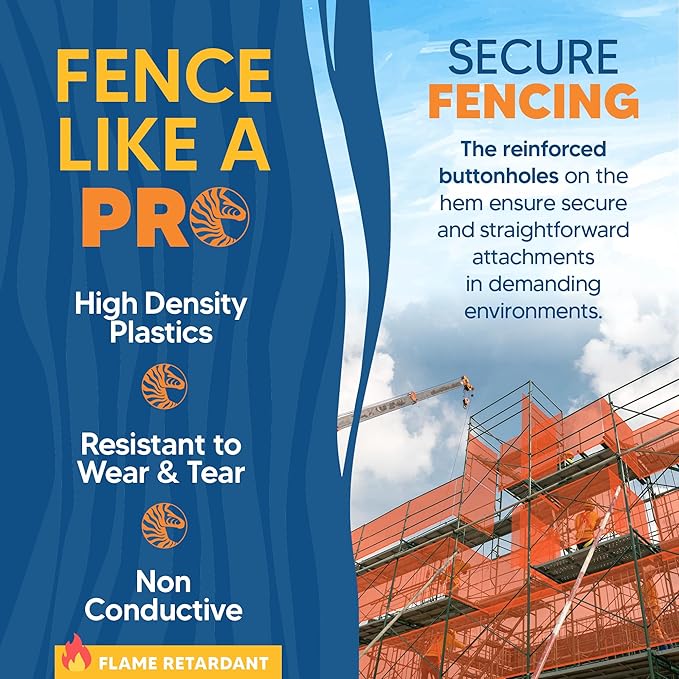 Fire Retardant Debris Safety Netting (10.5' x 150' - Orange) - High Visibility Construction & Scaffolding & Railing & Elevator Netting for Enhanced Safety - Construction Fencing