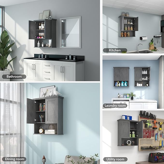 Bathroom Wall Cabinet Over Toilet Storage Cabinets 25x30 in Above Toilet Wood Medicine Cabinets for Bathroom Wall Mounted Cabinet with 2 Door & Adjustable Shelf Texture Grey