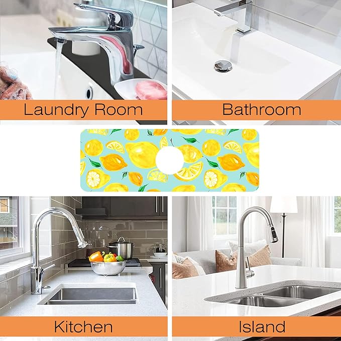 Kitchen Sink Splash Guard Faucet Mat Watercolor Lemon Citrus Sink Splash Guard Behind Faucet,1 PC Soft Diatom Mud Non-Slip Mat-for Kitchen,Dish Drying Mat,Bathroom Faucet Mat 15.5""X5.5""
