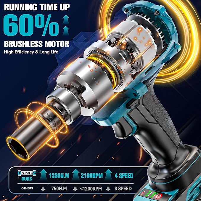 Cordless Impact Wrench 1/2 inch Compatible with Makita 18V Battery, 1000Ft-lbs (1360N.m) Brushless High Torque Impact Gun, Power Impact Driver for Car Truck Mower, with 2x5.0AH Battery & 6 Sockets