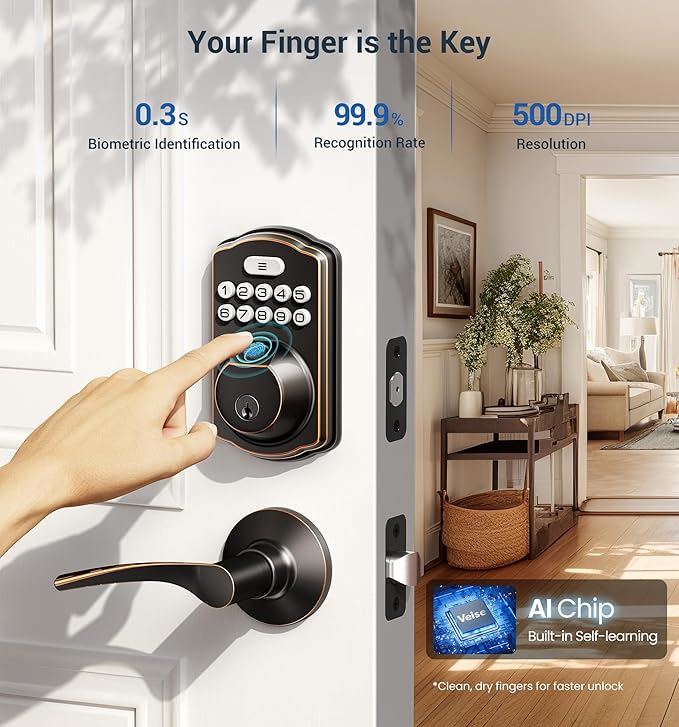 Veise Fingerprint Door Lock with 2 Lever Handles - Keyless Entry Door Lock, Electronic Keypad Deadbolt, Digital Smart Code & Front Handle Sets, Auto-Locking, Easy Installation, Oil Rubbed Bronze