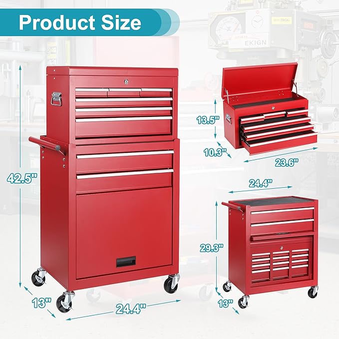 Tool Chest 8 Drawers Garage Storage Cabinet 2 in 1 Steel Frame Tool Chest with Wheels, Liner, Detachable Top, Lockable Wheels and Side Hooks for Garage, Red
