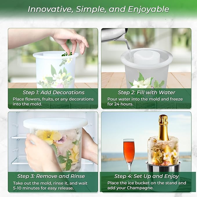 Ice Bucket Mold - DIY Wine Bottle Chiller & Cocktail Ice Molds, Use with Flowers, Fruits for Parties, Bars, Holidays, Weddings | Stainless Steel & Clear Plastic