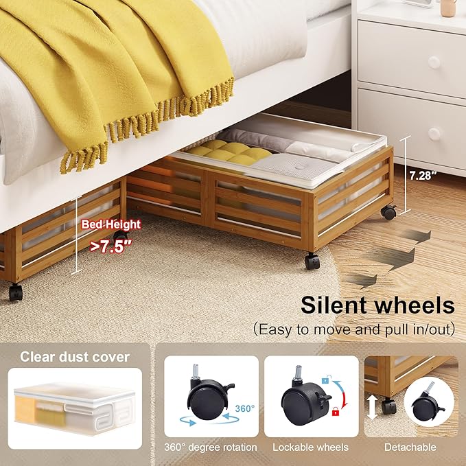 Under Bed Storage Containers With Wheels - 2 Pcs Bamboo Wood Rolling Underbed Shoe Storage Bins With Dust Bags for Clothes Blankets, Duvet Covers Snacks Toys (Walnut)