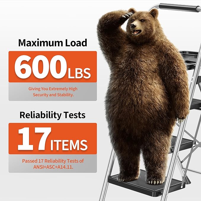 3 Step Ladder, Folding Step Stool with Tool Platform, Wide Anti-Slip Pedal and Anti-Slip Feet, Sturdiest Steel Construction, 600lbs Capacity Steel Ladder for Home Office, Grey