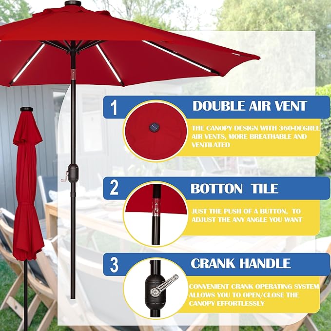 Sunnyglade 9FT Outdoor Solar LED Lighted Patio Umbrella with 8 LED Strip Lights & 8 Ribs, Convenient Crank Lift System