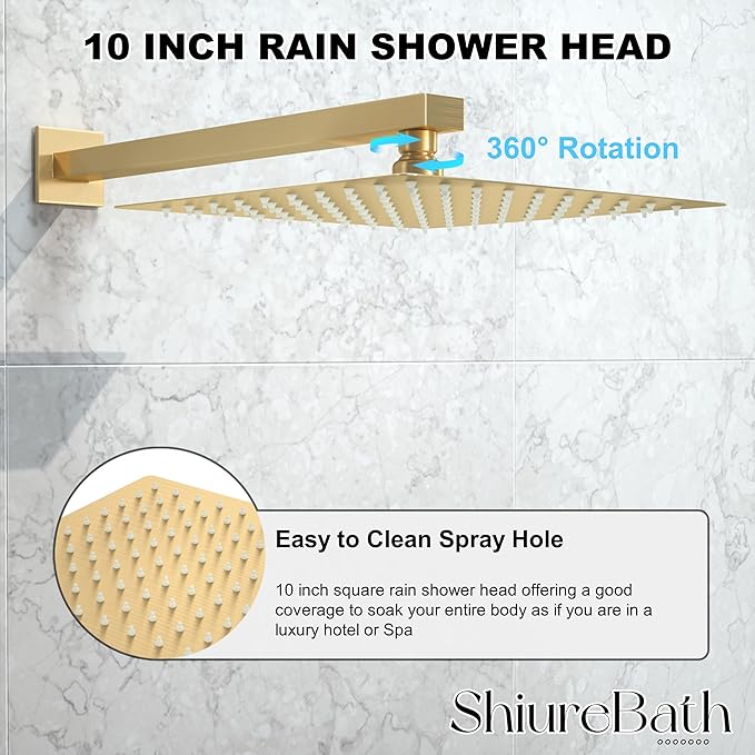 10 Inch Shower Faucet Set with Tub Spout Wall Mounted Shower System for Bathroom with High Pressure 10 Inch Rain Shower head and Handheld Shower Head Set, Brushed Gold