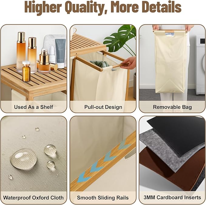 Bamboo Laundry Hamper 3 Section with Lid, 150 L Laundry Sorter with Pull-Out Removable Washable Bags, 3 × 12.5 Gal Divided Laundry Baskets for Laundry Room, Bathroom (Beige)