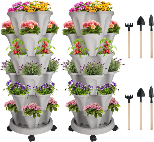 Vertical Planter 6 Tier Stackable Planters Garden Planters Strawberry Herb Flower and Vegetable Planter Indoor Outdoor Gardening Pots with Removable Wheels and Tools 2-Pack