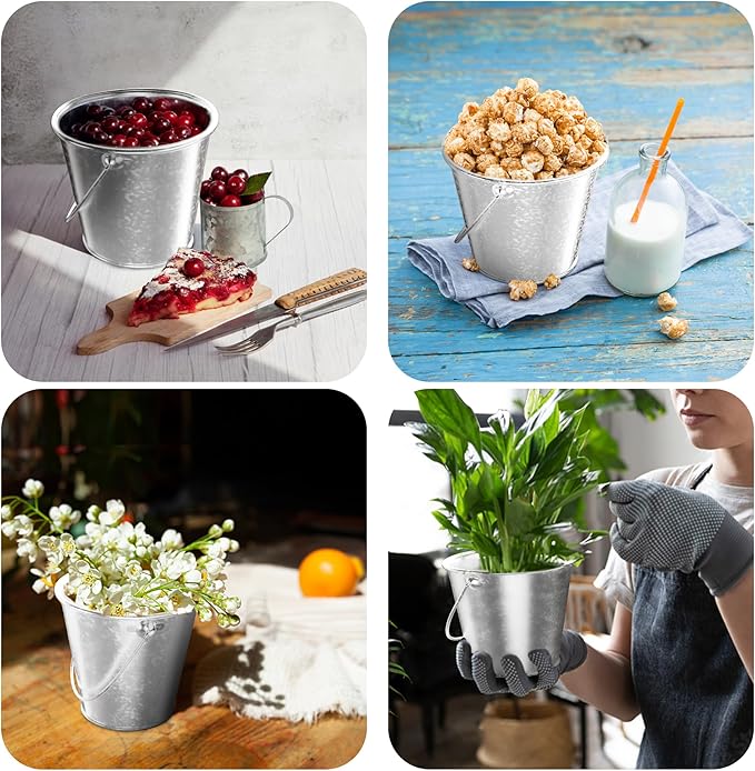 Galvanized Bucket, Metal Buckets with Handle 6 Pcs Leak Proof & Rust Resistant 48 fl oz Capacity - Best for Party Décor, Organizing & Decorating Easter Silver Bucket (Large 6.3" Top)