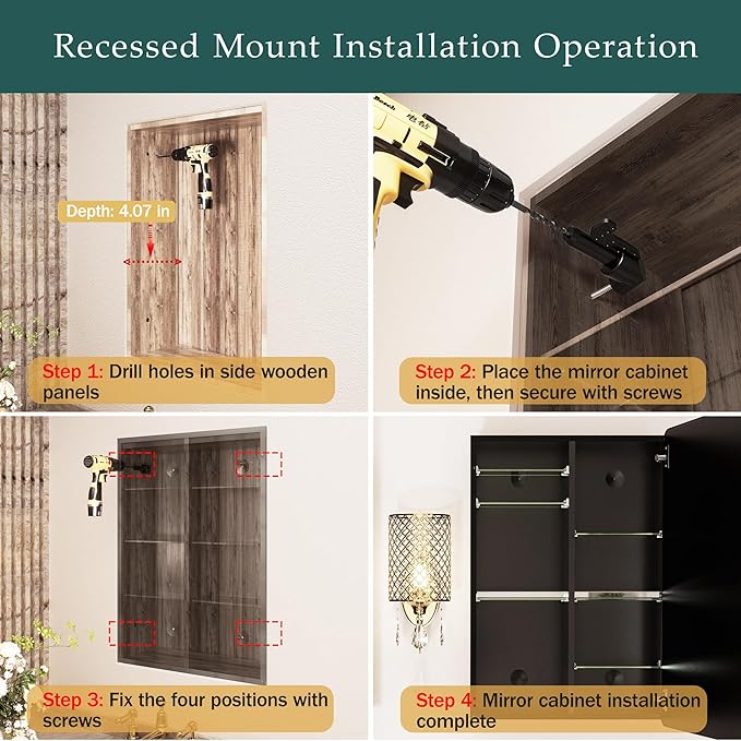 Black Medicine Cabinet with Mirror for Bathroom:20x26 Inch Small Mirrored Vanity Storage with Adjustable Shelves-Surface or Recessed Wall Mount-Matte Black Frame