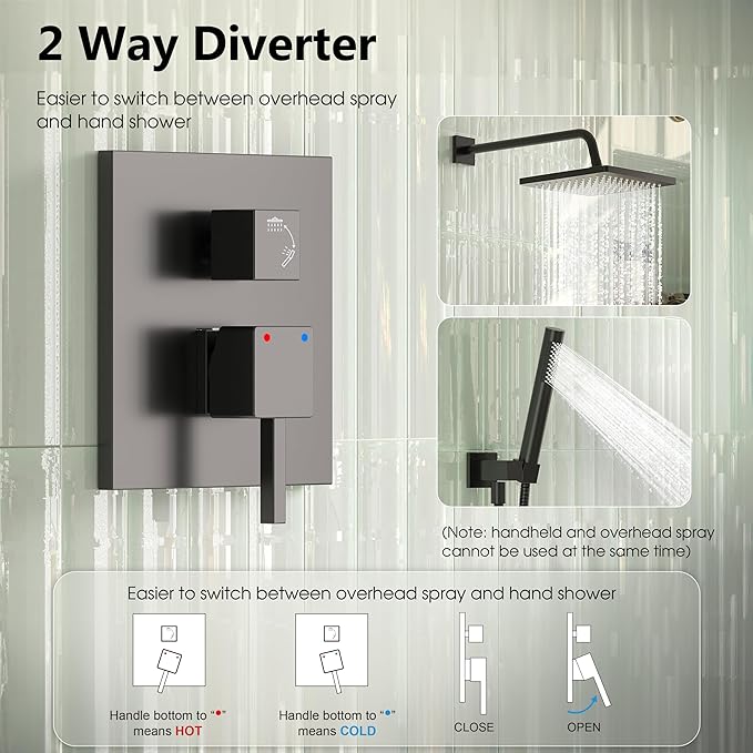 Esnbia Shower Faucet Set, Black Shower System with 10 Inches Rain Head and Handheld Spray, 2 Way Valve Kit, Matte Black