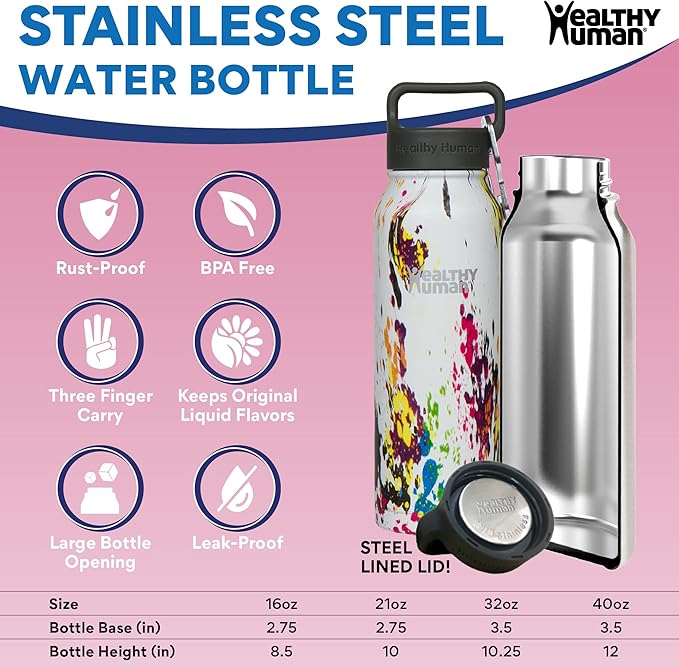 Healthy Human Stainless Steel Water Bottle | Double Walled Vacuum Insulated Water Thermos for Adults | Eco-Friendly Travel Bottles with Leak Proof Lid (Art Deco, 16 oz/ 473 ML)