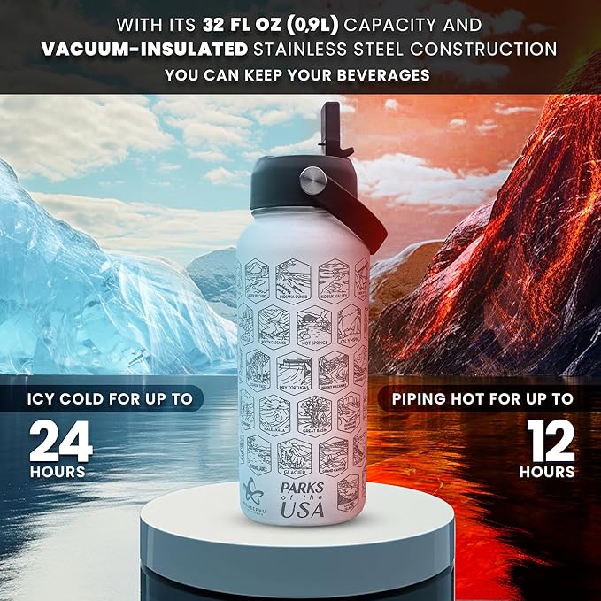 National Parks Water Bottle - Engraved Parks of the USA Bucket List Water Bottle - 63 National Park Stickers, Straw, Cleaning Set - Vacuum Sealed Stainless Steel Water Bottle - 32oz (White)