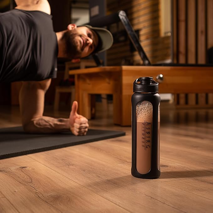 Fitness | Protein Shaker Made of Glass | Protein Shaker | Drinking Bottle | with Spiral Ball | Black