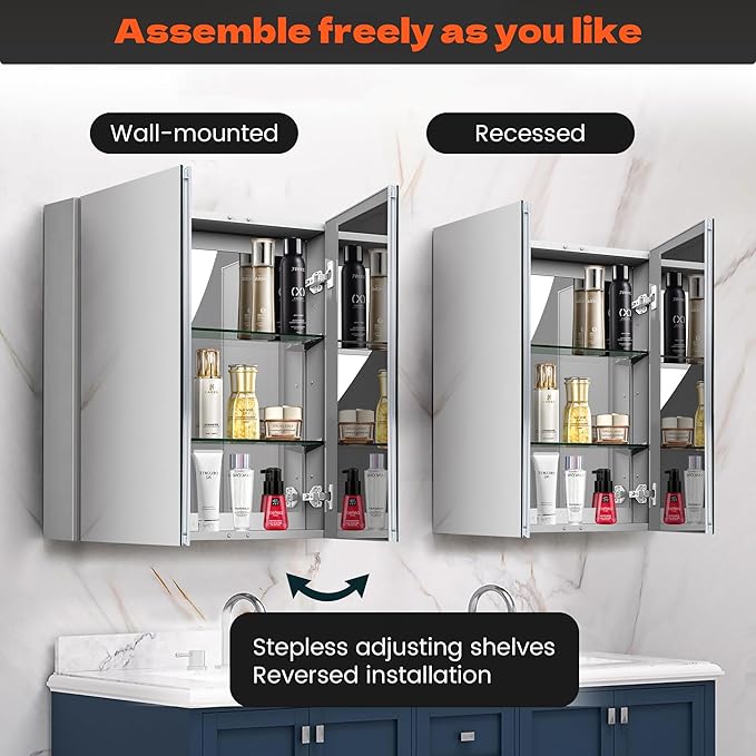 Medicine Cabinet with Mirror Door&Adjustable Shelves, Wall-Mounted Rectangular Medicine Cabinet Beveled Edge Frame, Dual Mirror Doors, 30" x 26"x 5.3"