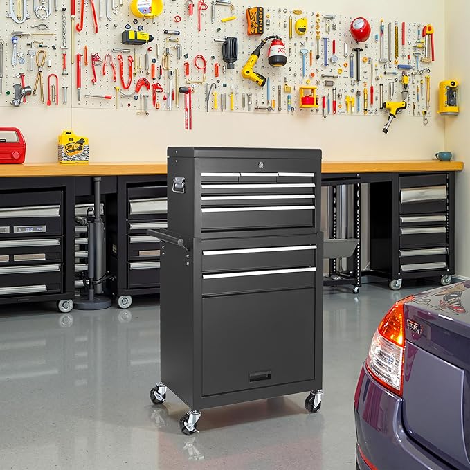 Tool Chest 8 Drawers Garage Storage Cabinet 2 in 1 Steel Frame Tool Chest with Wheels, Liner, Detachable Top, Lockable Wheels and Side Hooks for Garage, Black