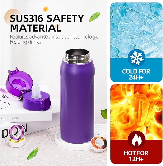 Air water bottle,750ML Air Water Bottle with 7 Flavor Pods, Stainless Steel Water Bottle with Straw, Sports Water Bottle Suitable for Outdoor Sport (Purple)