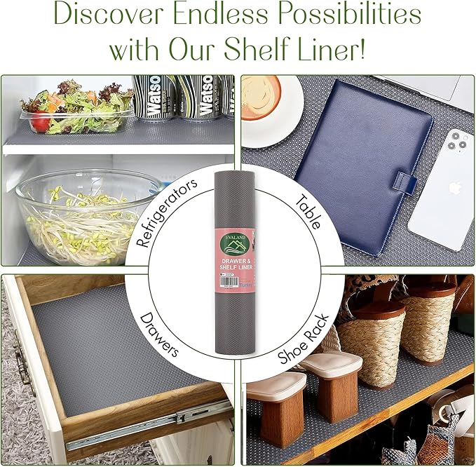 EVALAND 12 INCHES x 33 FEET (394 Inches) Non-Slip Shelf Liner, EVA Kitchen Liner, Non-Adhesive Liner, Smooth Drawer Liner, Durable Strong Grip Liner, Stain-Proof Shelf, Cabinet Liner, Grey
