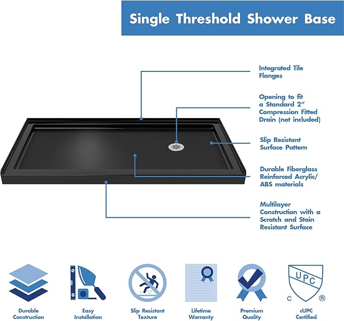 DreamLine SlimLine 36 in. D x 60 in. W x 2 3/4 in. H Right Drain Single Threshold Shower Base in Black, DLT-1136602-88