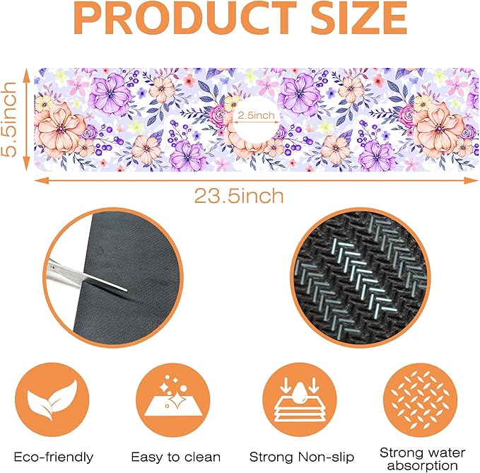 Kitchen Sink Splash Guard Faucet Mat Beautiful Meadow Flowers Sink Splash Guard Behind Faucet,1 PC Soft Diatom Mud Non-Slip Mat-for Kitchen,Dish Drying Mat,Bathroom Faucet Mat 23.5""X5.5""