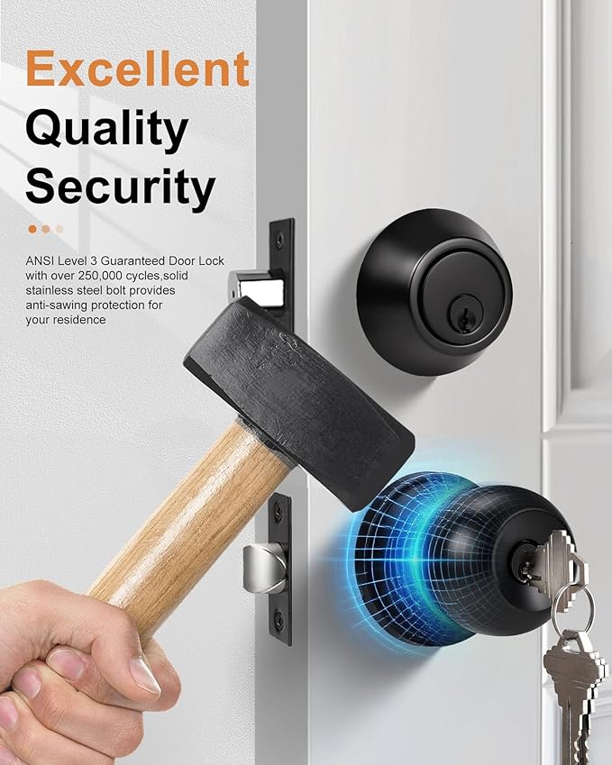 Probrico Flat Black Entry Door Knobs and Single Cylinder Deadbolt Lock Combo Set, Exterior Lockset, Keyed Alike, Set of 4