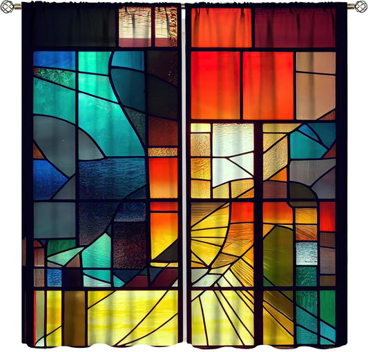 Stained Glass Curtains,Retro Abstract Colorful Geometry Textures Art Home Decor Drapes for Bedroom Living Room Kitchen Window Treatment 2 Panels Set Total Size 72" W X 63" L Inch