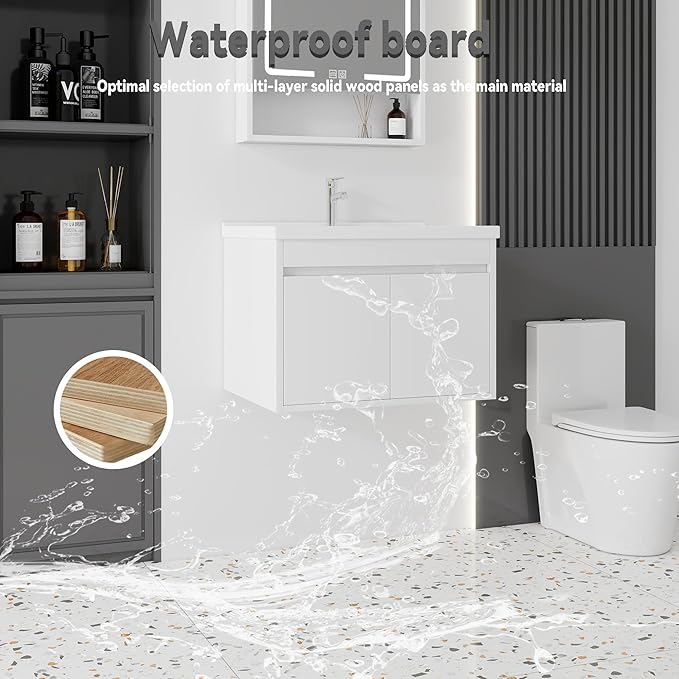 28'' Bathroom Vanity with Ceramic Sink Combo, Wall Mounted Small Bathroom Vanity with Soft-Close Door Modern Floating Cabinet, Pop-up Drain, P-Trap Included, White(No Faucet)
