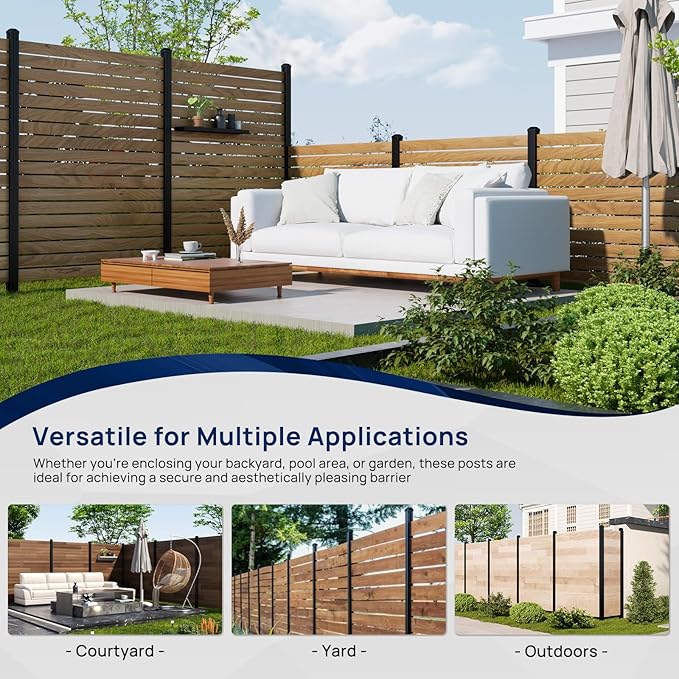 1 Pack 8FT Inground Aluminum Fence Posts for 6FT Privacy Panels, 3-Way Matte Black Wood Fence Posts, Rustproof & Weather-Resistant for Outdoor Use