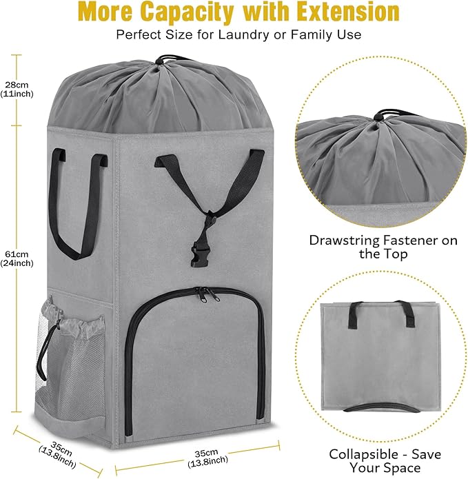 Laundry Bag Backpack Extra Large, 110L Laundry Backpack Heavy Duty with Shoulder Straps, Collapsible and Mesh Pocket Dorm Laundry Basket Hamper Bag for College, Travel, Laundromat, Apartment Grey