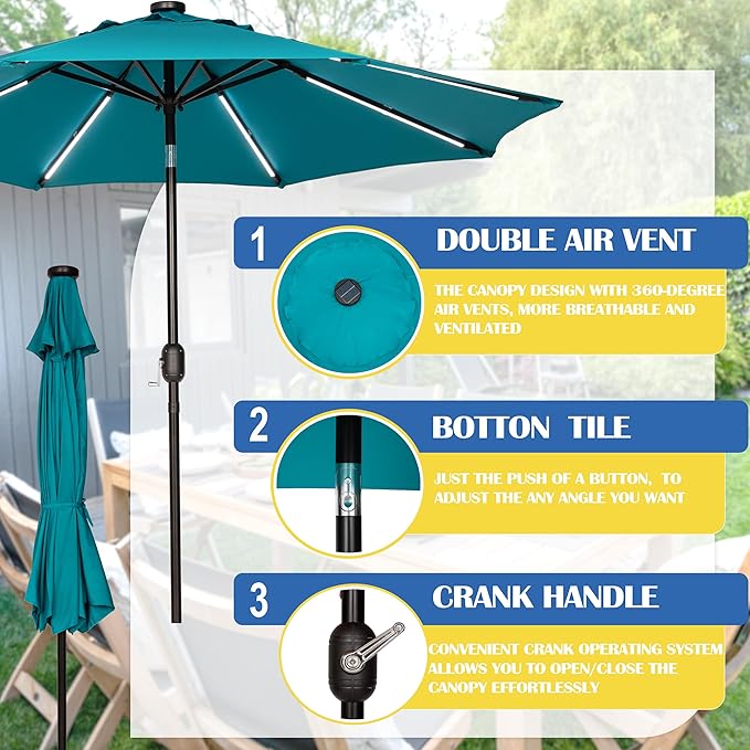 Sunnyglade 9FT Outdoor Solar LED Lighted Patio Umbrella with 8 LED Strip Lights & 8 Ribs, Convenient Crank Lift System