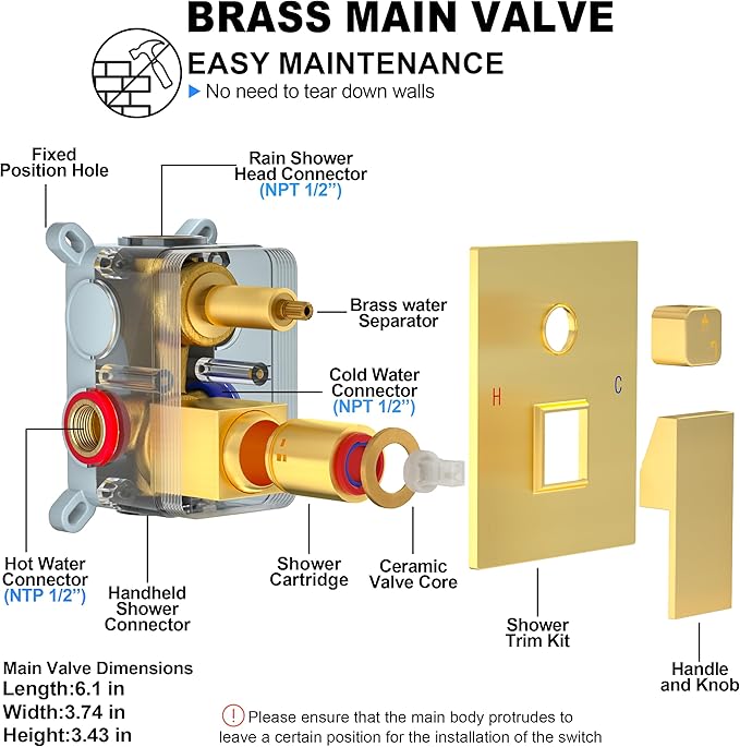 10 Inch Shower Faucet Set, Rainfall Shower System with Square Fixed Shower Head and High Pressure Handheld Shower Head, Spray Wall Mounted Rainfall Shower Fixtures, Brushed Gold