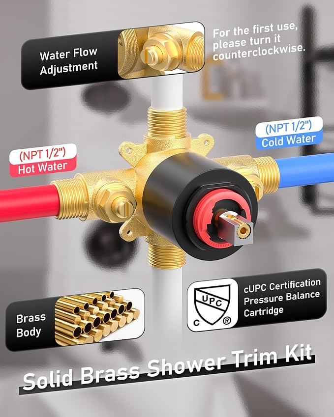Black Shower Tub Faucet Set: WOWOW Shower Trim Kit with 6-Inch Rain Head and Tub Spout, Single Handle Shower Complete Combo Solid Brass Pressure Balancing Mixer (Valve Included)