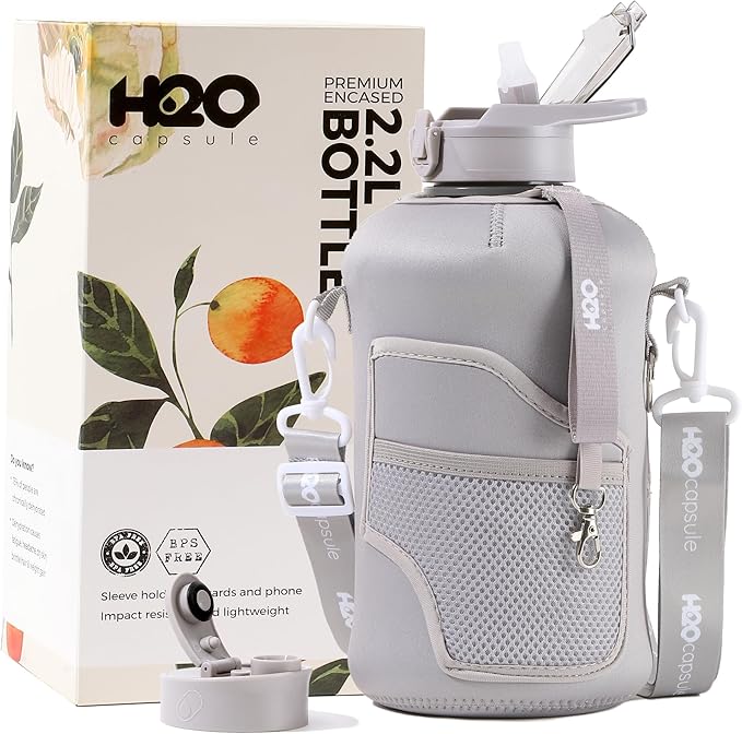 H2O Capsule 2.2L Half Gallon Water Bottle with Storage Sleeve and Removable Straw – BPA Free Large Reusable Drink Container with Handle - Big Sports Jug, 2.2 Liter (74 Ounce), Ashville