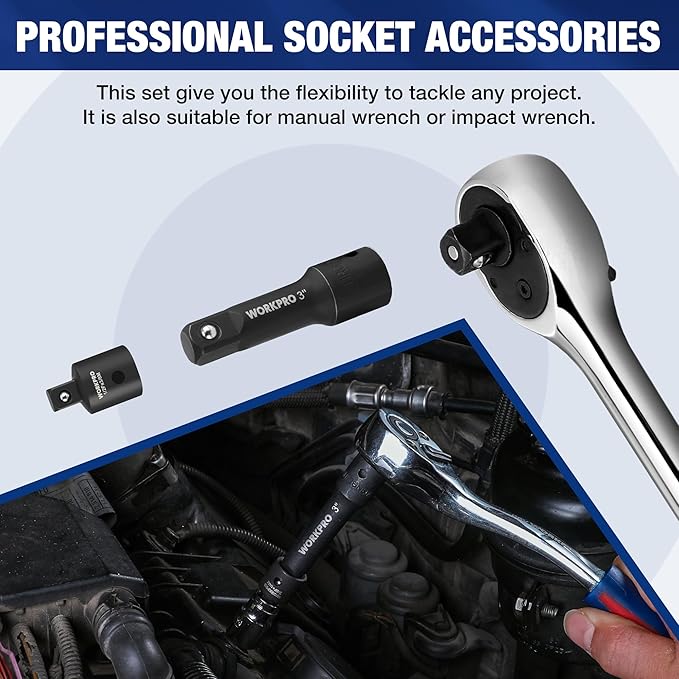WORKPRO 9 PCS Socket Accessory Set, Includes 3/8" Impact Drive Extension Bar Set, 1/4", 3/8" & 1/2" Drive Universal Joints and Adapters, Premium Chrome Vanadium Steel with Black Phosphate Finish