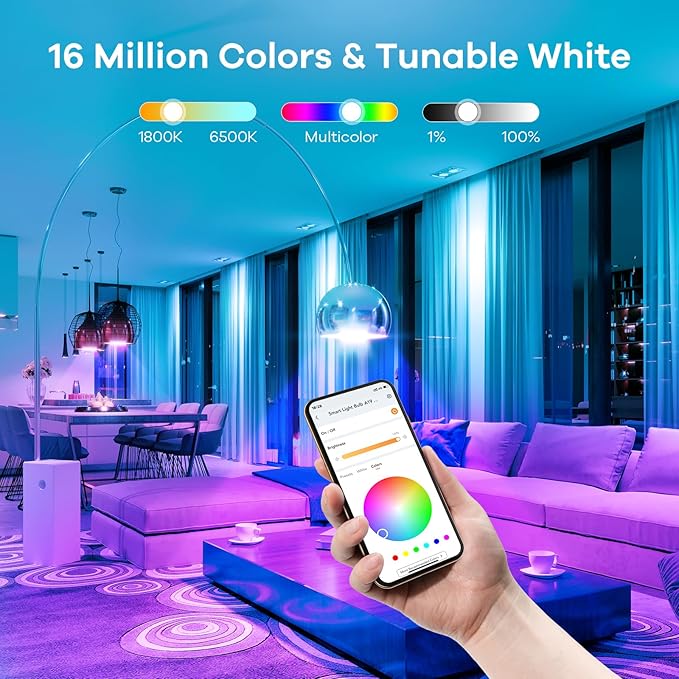 Linkind Smart Light Bulbs, WiFi Bulbs Work with Alexa & Google Home, RGBTW Color Changing Light Bulb with APP Control, 9W LED Smart Bulb Equivalent 60W, A19 E26 Alexa Light 2.4Ghz 800LM Dimmable