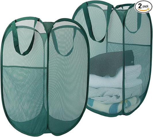 Upgraded 100L Extra Large Collapsible Laundry Baskets, 2 Pack XL Mesh Pop Up Laundry Hamper with Handles, Portable Travel Laundry Basket, Foldable Hamper. Green