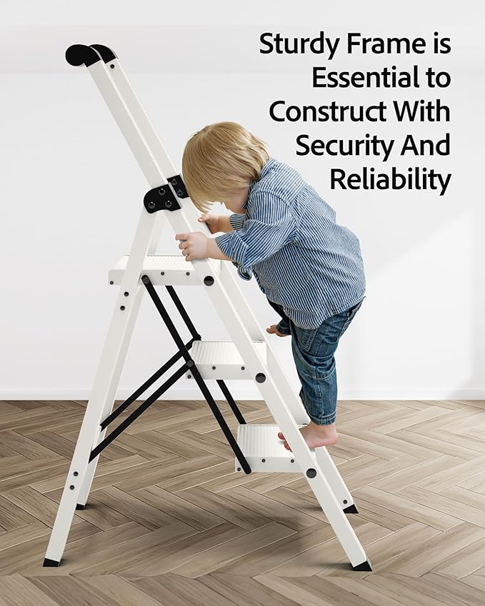 Taranta 3 Step Ladder, Lightweight Aluminum Step Stool with Convenient Handgrip, Folding Ladder with Anti-Slip Pedals, 330lbs Capacity Stepladder for Home, Office, Kitchen - White