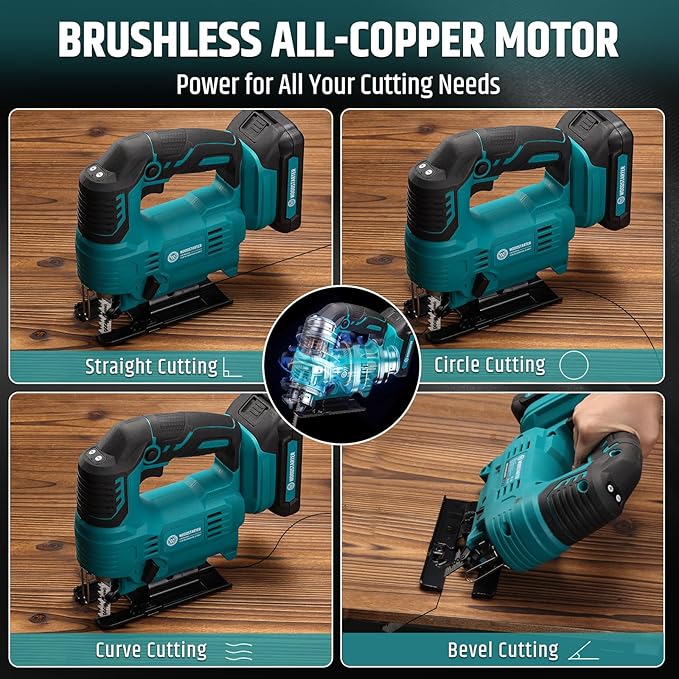 Cordless Jig Saw with Brushless Motor, 3 Adjustable Speed Settings, 45°-90° Cutting Angle, Compatible with T-Shaped Blades, Includes Dust Blowing Feature(With Battery and Charger)