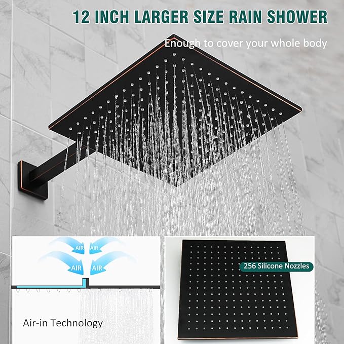 Hoimpro Shower System with Adjustable Slide Bar,12 Inch Square Rain Shower Head and Wand Wall Mounted, 2 in 1 Handheld Showerhead for Bathroom, Oil Rubbed Bronze
