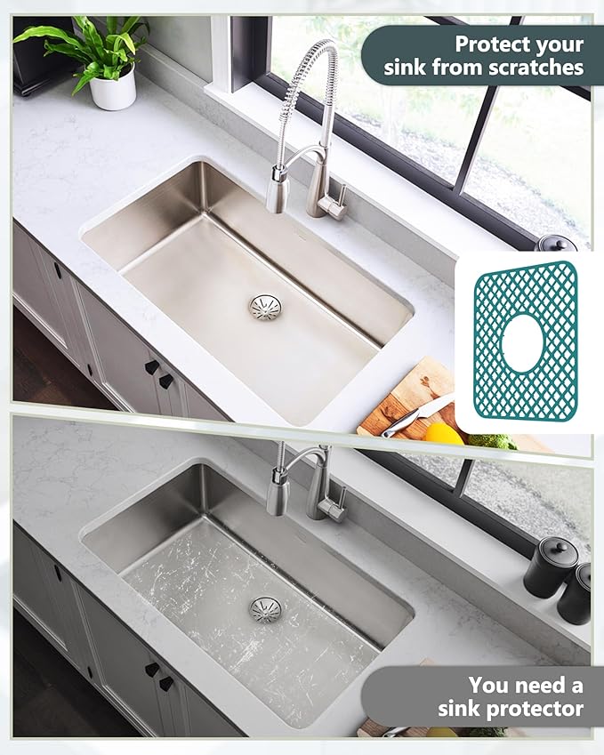 2 Pack Silicone Sink Protector for Kitchen Sink, Lozenge Pattern 12 x 11" Sink Grid Mat Silicone Protectors, Center Drain, Green