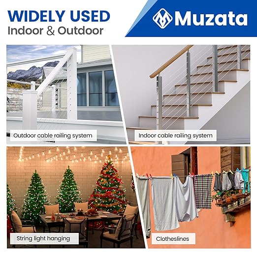 Muzata 1200 ft 1/8" Stainless Steel Cable Railing System Hardware T316 Stainless Steel Wire Rope 7x7 Strands 1800 lb Breaking Strength Deck Cable Railing Kit for Indoor Outdoor Coastal WR02