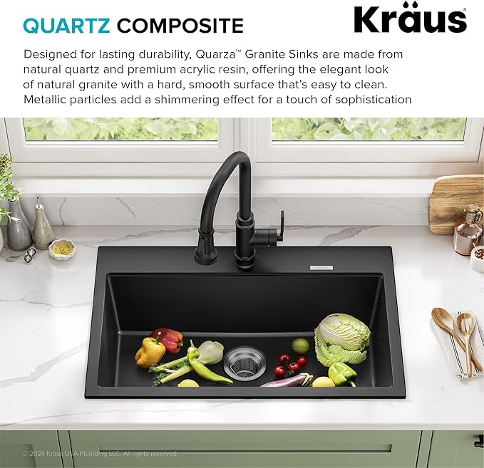 KRAUS Quarza 31-inch Drop-In/Undermount Single Bowl Granite Kitchen Sink in Black Onyx, KGD-412B